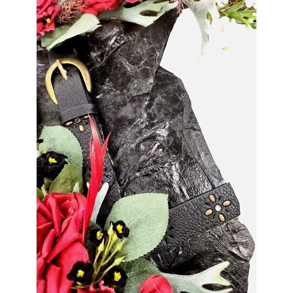 Artificial Floral Wreath With Red Roses & Greenery On Black Textured Base & Rope - Picture 10 of 14